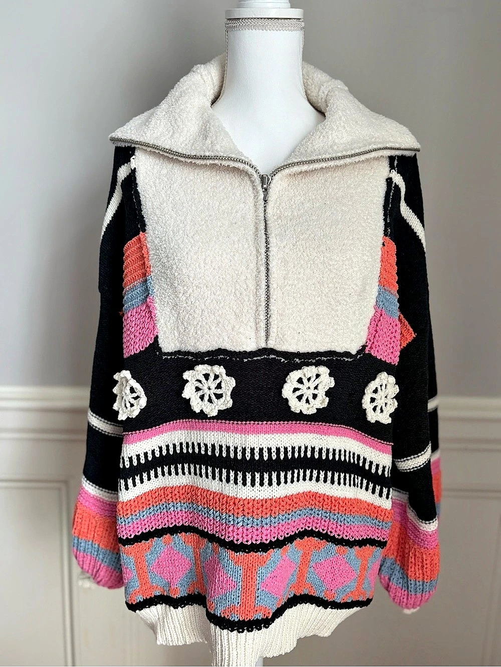 NWT POL LeShawn Sweater Geometric Quarter-Zip Black & Pink